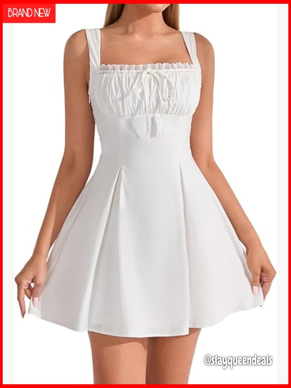 Square Neck Lace Mini A-Line Dress with Bow Tie Back